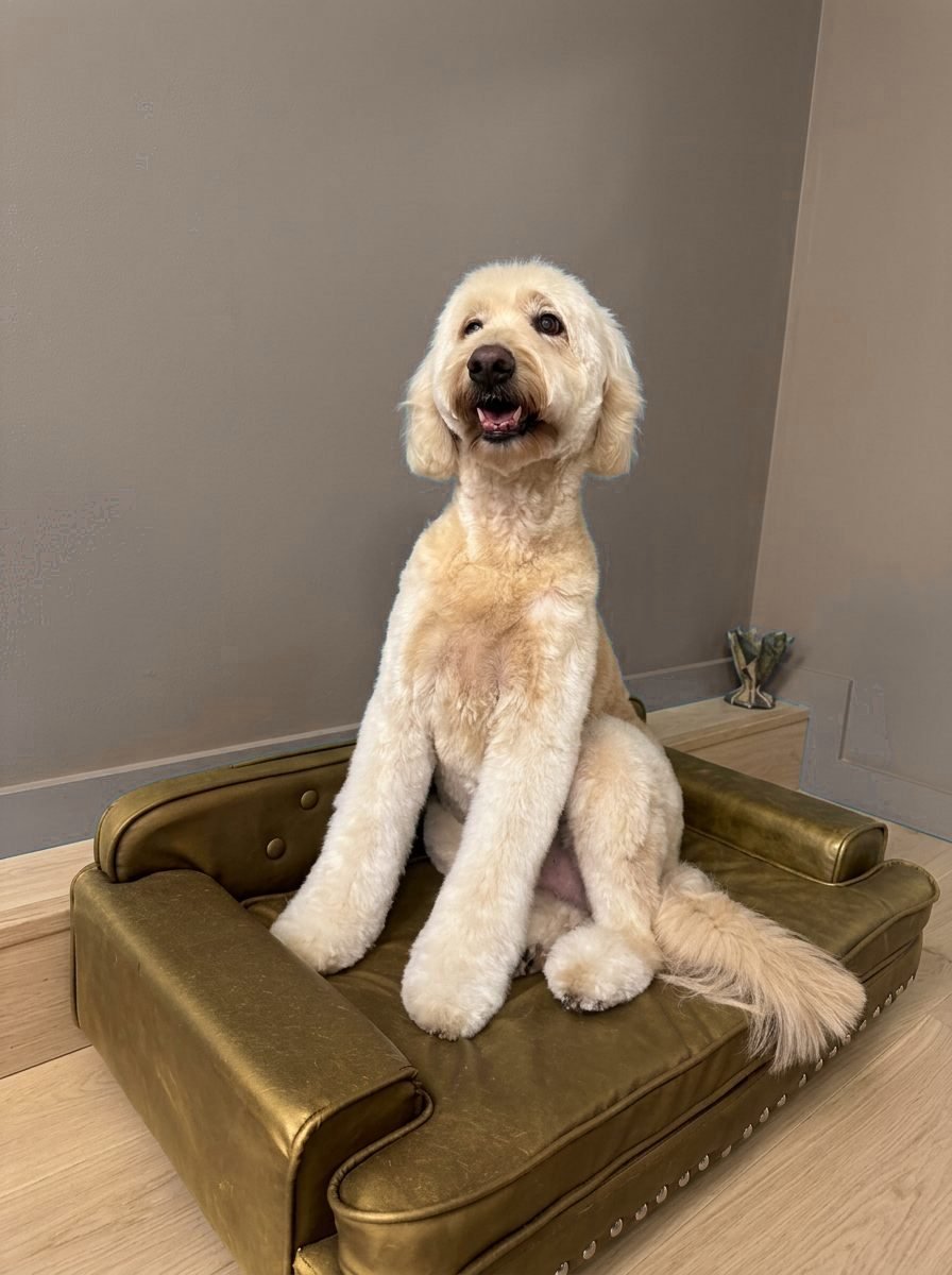 Doodle crema con acabado estirado, recién arreglado en la peluquería
