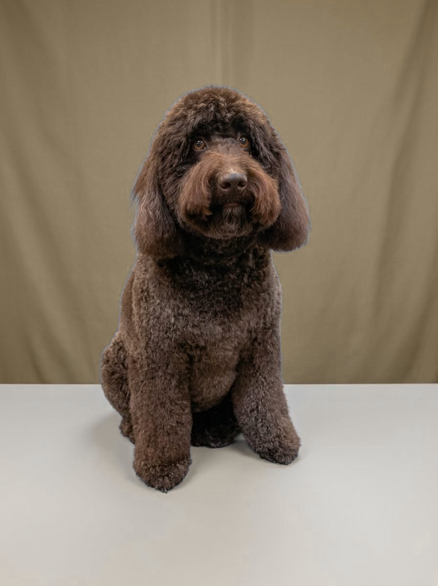 Doodle de pelaje chocolate con un acabado natural, tras su sesión en la peluquería